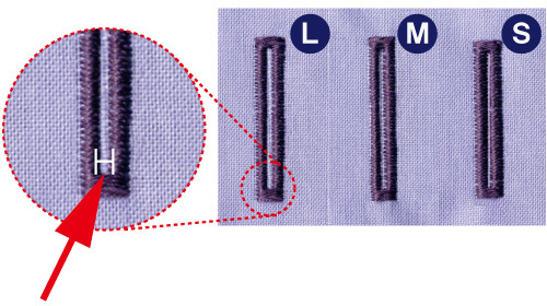 ●家庭用ミシン初！3段階でメス幅を変更できます。 幅狹にして穴をあけると生地のほつれが少なくなります。